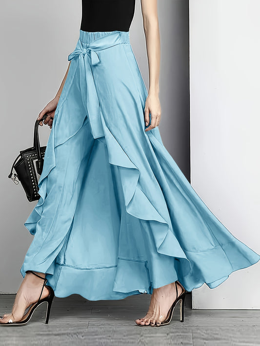 Light Blue Maxi Pants Polyester Women's Light Blue Maxi Pants | Casual Solid Color Straight Leg with Belt Detail, Flowy Design for All Seasons,