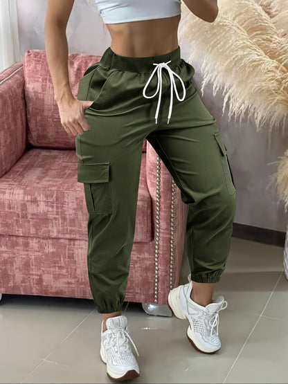 Women'S Casual Cargo Pants with Drawstring Waist, Beige, Multiple Pockets, Frayed Hem, White Sneakers, All-Season Comfort Fit