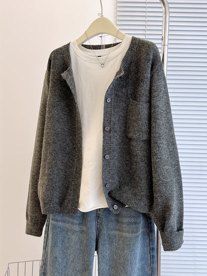 Women's Casual Button-Up Cardigan - Soft Stretchy Long Sleeve with Pockets, Solid Brown for Spring\u002FFall, Lightweight and Comfortable Casual Attire,