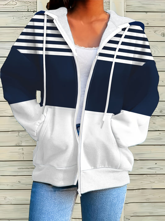 Women's Oversized Striped Color Block Zip-Up Hoodie with Adjustable Drawstring - Navy & White Horizontal Stripes, Mid-Stretch Fabric,