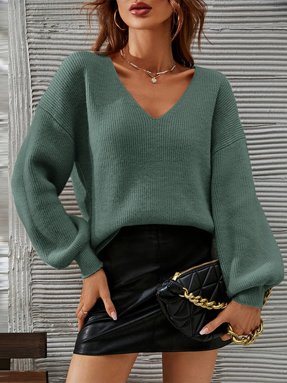 French Chic Sweater Light Green High Stretch V-Neck Drop Shoulder Sweater - Chic French Casual Acrylic Knit,