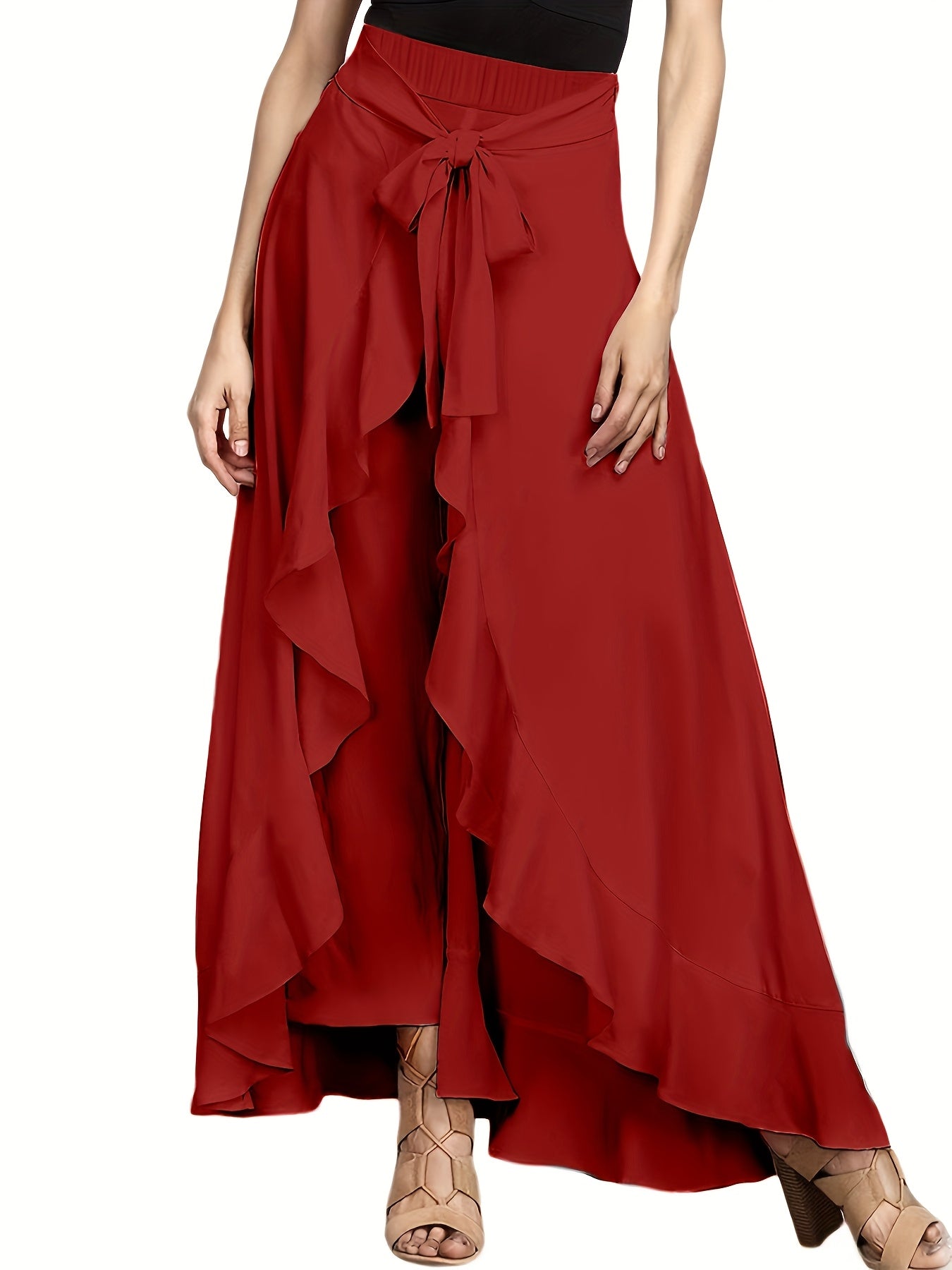 Light Blue Maxi Pants Polyester Women's Light Blue Maxi Pants | Casual Solid Color Straight Leg with Belt Detail, Flowy Design for All Seasons,