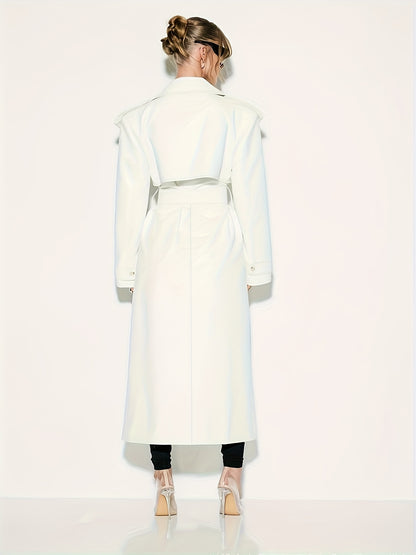 1pc Women'S Elegant Minimalist Double-Breasted Trench Coat - Long Sleeve, Solid Color, Belted Waist, Pockets, Non-Stretch Fabric,
