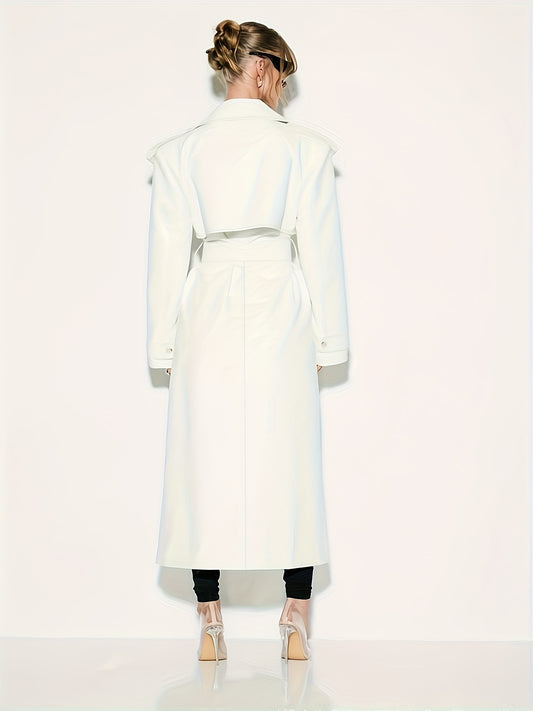 1pc Women'S Elegant Minimalist Double-Breasted Trench Coat - Long Sleeve, Solid Color, Belted Waist, Pockets, Non-Stretch Fabric,