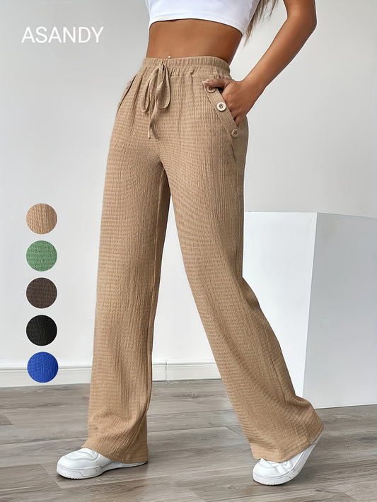 Women'S Casual Solid Color Pants with Faux Button Detail - Elastic Waistband, Drawstring, and Side Pockets, Lightweight Summer Trousers for Casual Attire