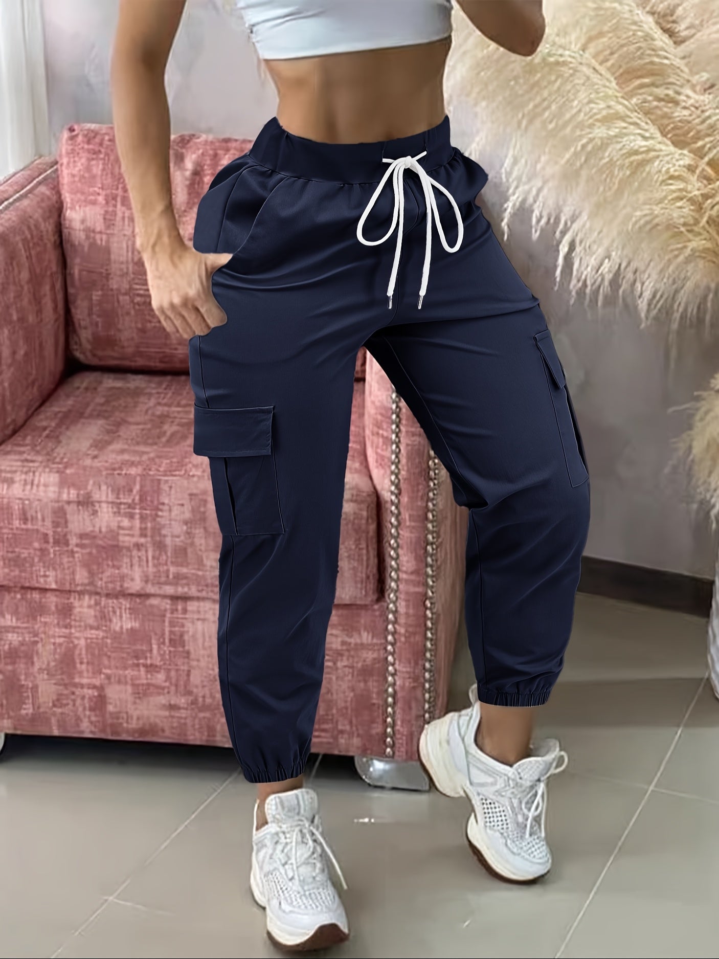 Women'S Casual Cargo Pants with Drawstring Waist, Beige, Multiple Pockets, Frayed Hem, White Sneakers, All-Season Comfort Fit