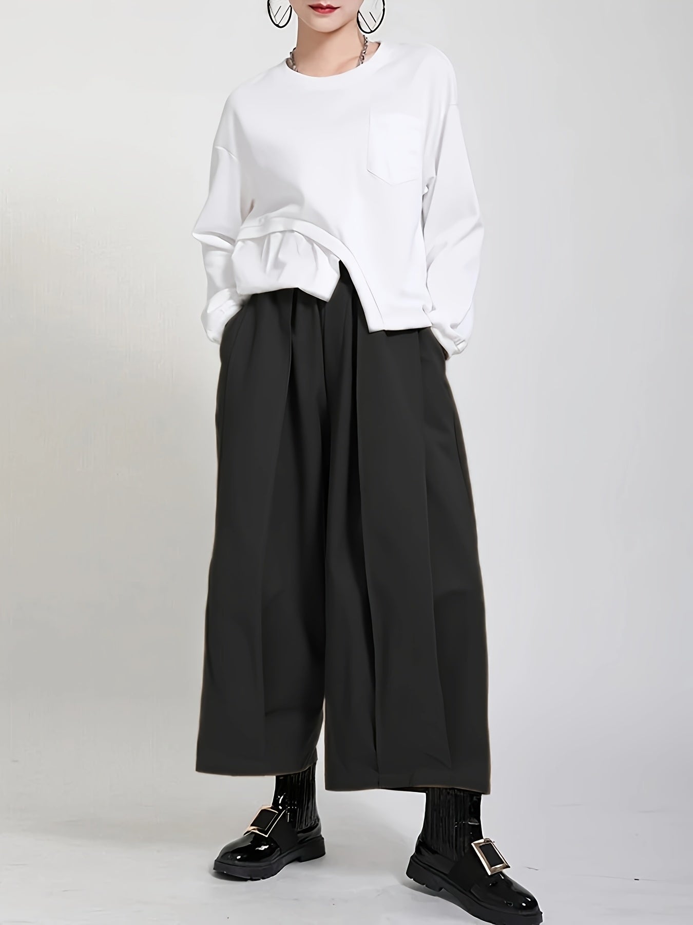 Women'S Stylish Black Wide-Leg Casual Pants - High-Waisted, Button- Front, Polyester Blend, Machine Washable, Perfect for Spring\u002FSummer\u002FFall,