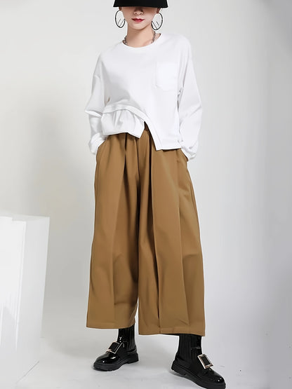 Women'S Stylish Black Wide-Leg Casual Pants - High-Waisted, Button- Front, Polyester Blend, Machine Washable, Perfect for Spring\u002FSummer\u002FFall,